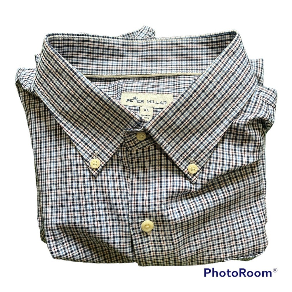Peter Millar Casual Button Down Shirt Size XL Red White Blue Check